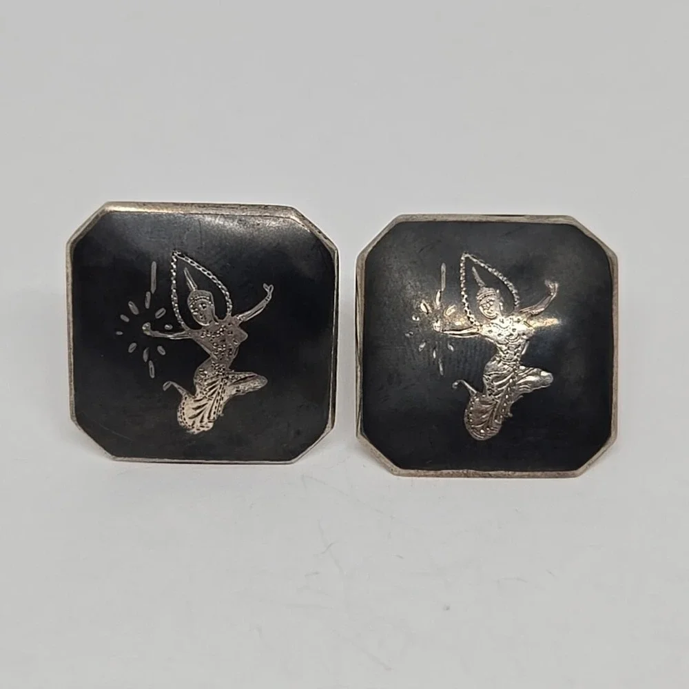 Vintage 925 Sterling Silver Siam Niello Cufflinks Black Enamel Goddess Dancer